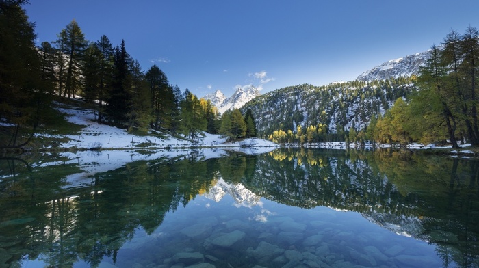 snowy peak, reflection, snow, water, lake, trees, calm, mountain, landscape, forest, Alps, nature