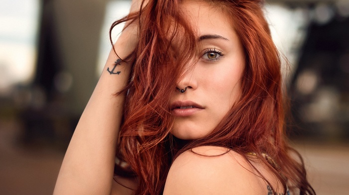 redhead, portrait, face, nose rings, girl, Victoria Ryzhevolosaya, tattoo, model