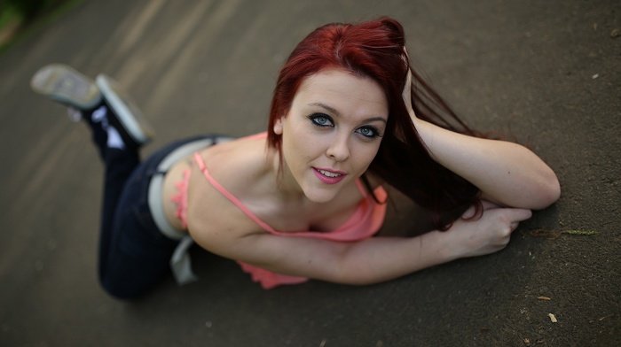 road, on the floor, jeans, model, girl, redhead