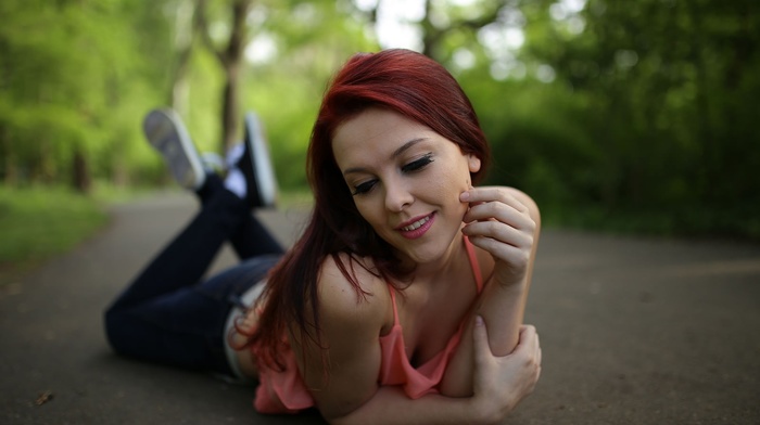 redhead, girl, model, jeans, on the floor, road