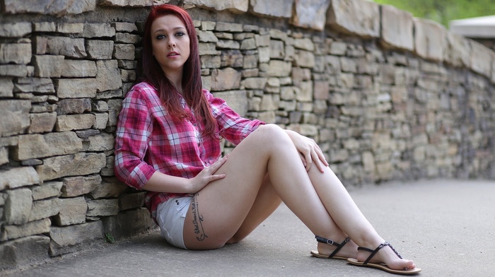 tattoo, redhead, model, girl, jean shorts, sitting