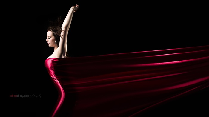 black background, girl, model, red dress, closed eyes