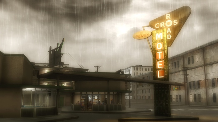 video games, Play Station, clouds, architecture, street, building, crossroads, heavy rain, hotels