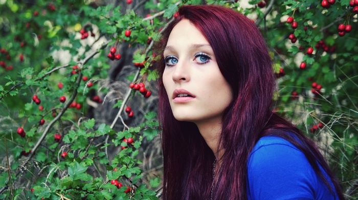 blue eyes, girl, dyed hair, face, girl outdoors