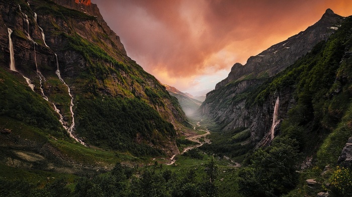 valley, river, sunset, waterfall, canyon, France, nature, cliff, landscape, clouds