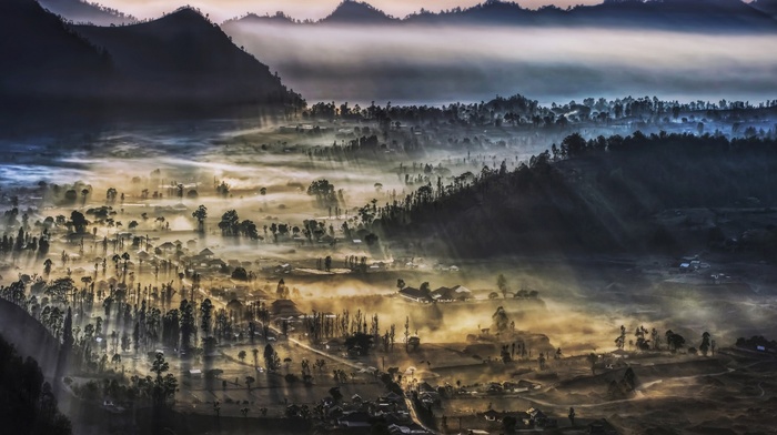 Indonesia, landscape, valley, nature, mountain, mist, morning, sunrise, villages
