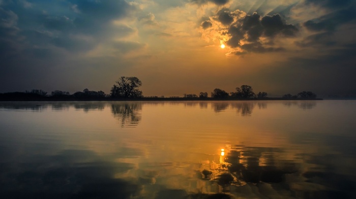 trees, calm, sunset, landscape, reflection, lake, sun rays, nature, clouds, water