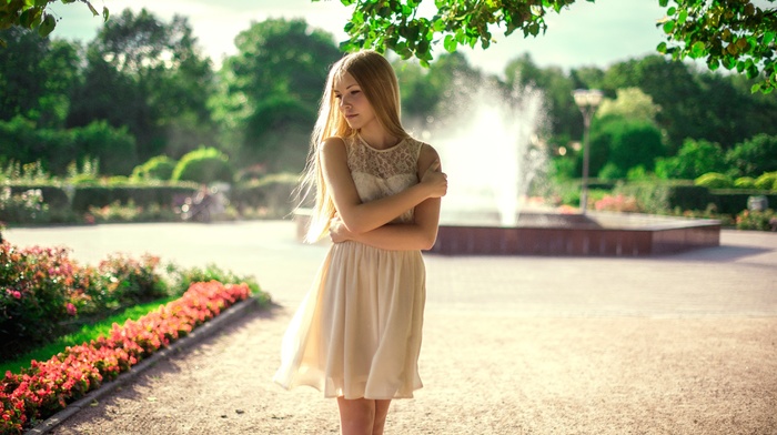 dress, girl outdoors, long hair, girl, blonde