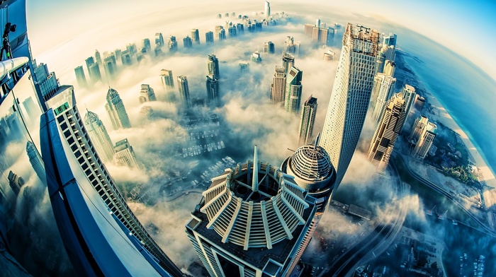cityscape, skyscraper, fisheye lens, aerial view, Dubai, mist