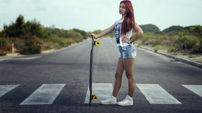 skateboard, road, girl, redhead, jean shorts