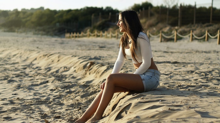 jean shorts, model, sitting, girl