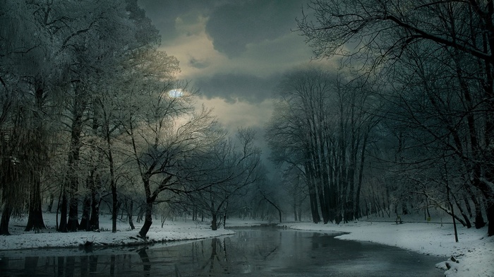 snow, trees, winter, mist, frost, cold, clouds, river, nature, forest, landscape