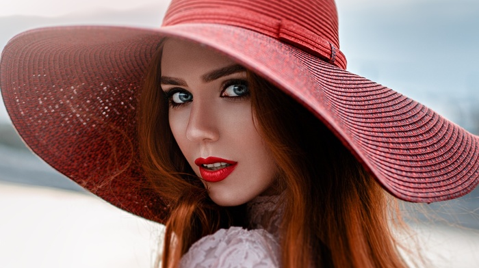 portrait, rear view, redhead, red lipstick, blue eyes, girl, open mouth, face, sensual gaze, Georgiy Chernyadyev
