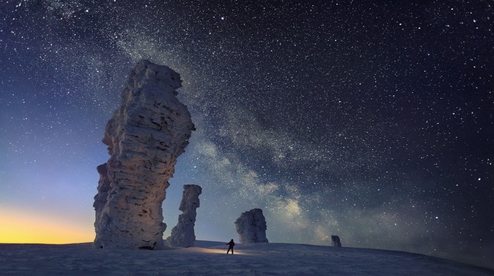 tower, Milky Way, frost, rock, landscape, long exposure, starry night, snow, nature