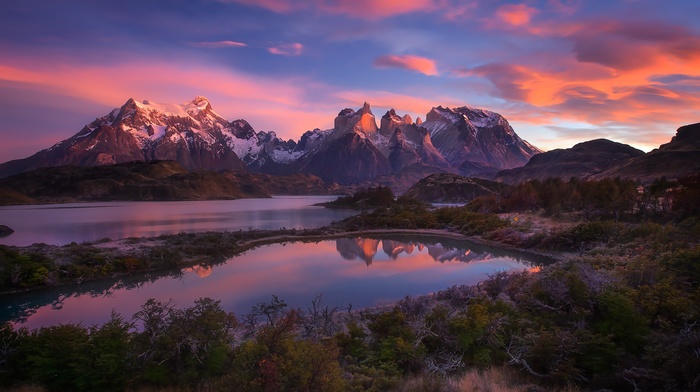 clouds, Patagonia, shrubs, Torres del Paine, lake, snowy peak, nature, Chile, mountain, landscape, sunrise