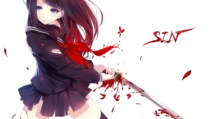 ribbon, ripped clothes, thigh, highs, blue eyes, katana, anime, original characters, petals, long hair, butterfly, anime girls, blood, skirt