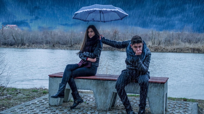 girl, rain, humor, men, umbrella