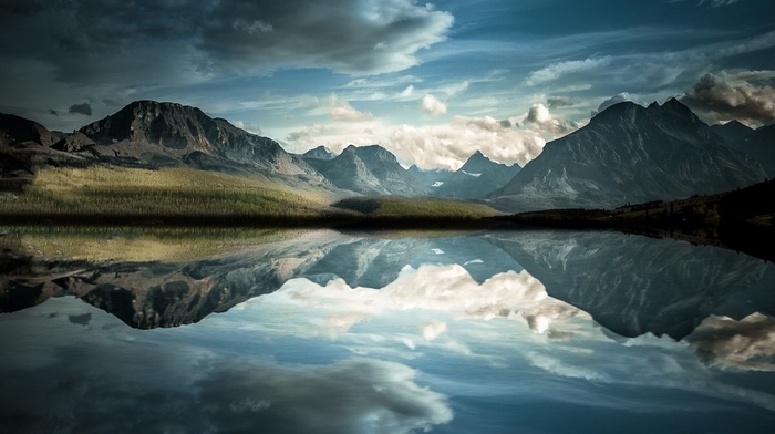 landscape, water, calm, clouds, mountain, nature, lake, reflection