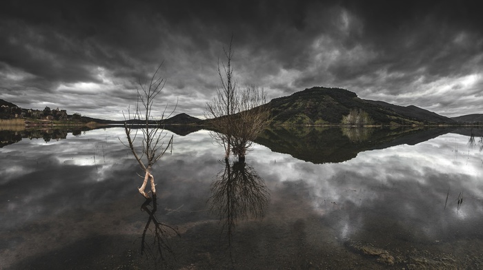 landscape, lake, overcast, nature, clouds, trees, reflection, water, dead trees