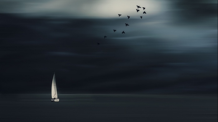 horizon, birds, nature, minimalism, clouds, sailing ship, sea, Adobe Photoshop, landscape