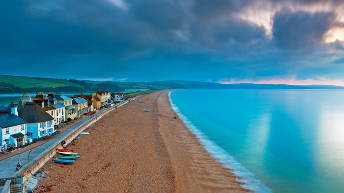 England, sea, nature, boat, sand, beach, town, clouds, sunset, landscape, water, hill