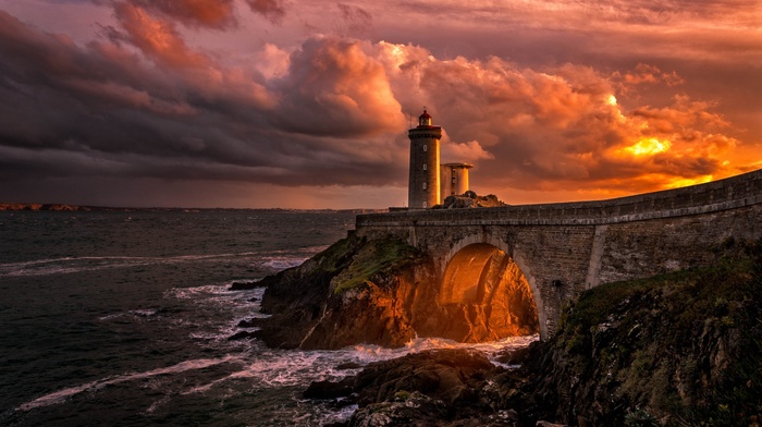 sunset, clouds, bridge, nature, rock, France, sea, landscape, gold, lighthouse, coast