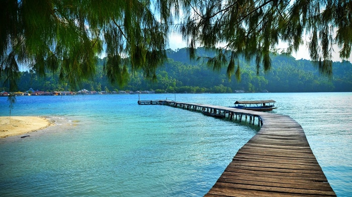dock, hill, tropical, trees, island, boat, landscape, beach, sea, nature