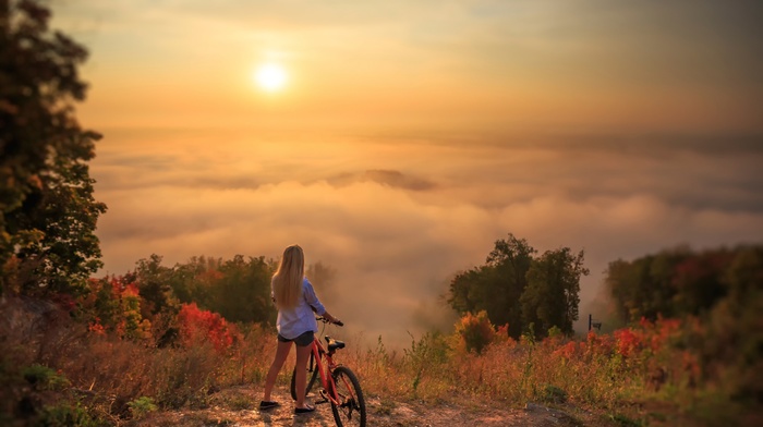 girl, landscape, nature, bicycle