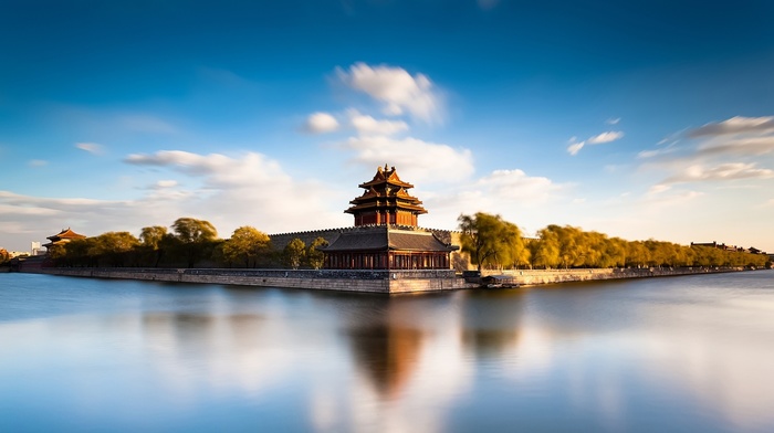 long exposure, reflection, river, temple, landscape, shadow, architecture, Beijing, calm, sky, water, Asian architecture