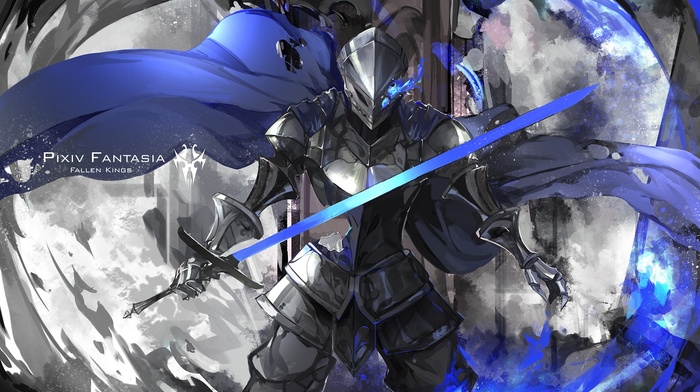 sword, original characters, knight, cape, anime, Pixiv Fantasia Fallen Kings