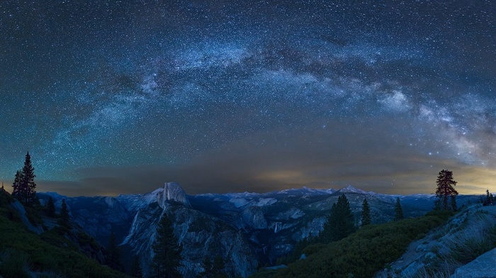 mountain, rock, nature, stars, USA, waterfall, Half Dome, night, trees, landscape, Milky Way, forest, Yosemite National Park