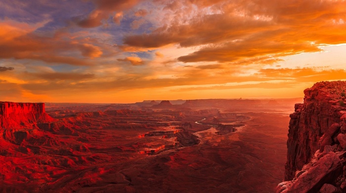 Utah, river, landscape, red, gold, clouds, sunset, panoramas, Canyonlands National Park, nature, erosion