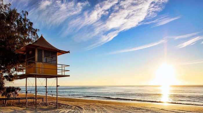 sunrise, trees, clouds, sand, beach, nature, landscape, sea, lifeguard stands, Australia