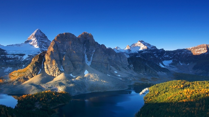 lake, mountain, fall, nature, blue, landscape, snowy peak, sunset, forest