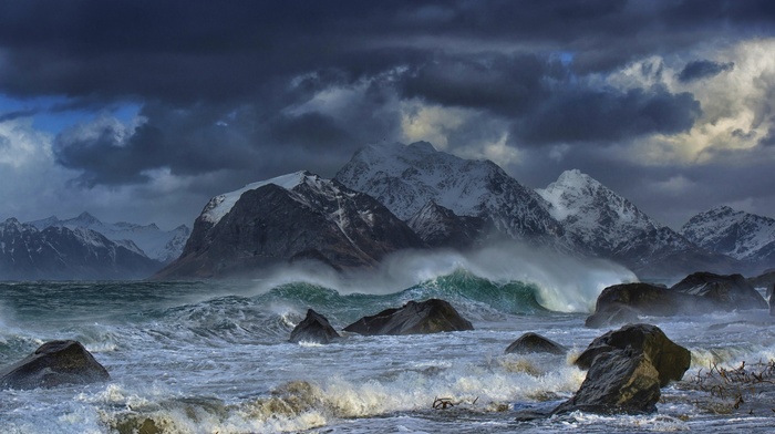 beach, nature, rock, wind, Norway, mountain, clouds, coast, snowy peak, sea, waves, landscape