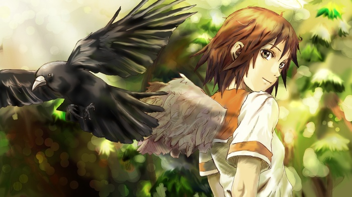 anime, looking back, Haibane Renmei, wings, Yoshitaka Amano, birds