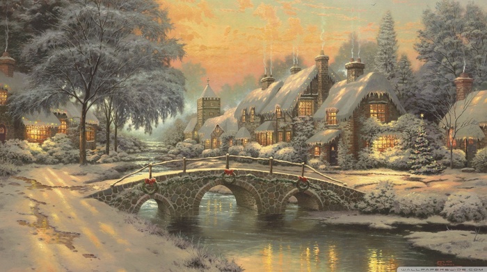 stream, snow, painting, bridge, chimneys, cottage, Thomas Kinkade