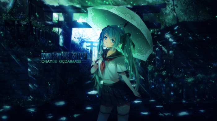 umbrella, anime girls, knee, highs, DeviantArt, skirt, long hair, Hatsune Miku