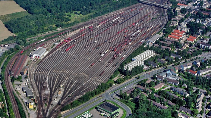 city, aerial view, train, rail yard