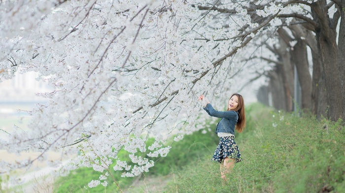 jean jacket, redhead, nature, trees, Asian, girl, girl outdoors, cherry blossom, skirt