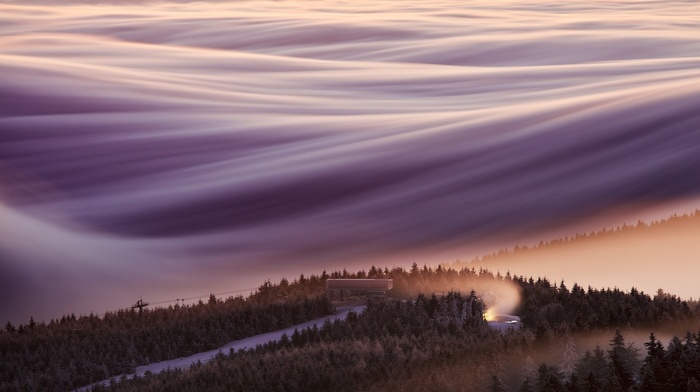 nature, ski lift, mountain, landscape, forest, mist, Czech Republic, sunrise