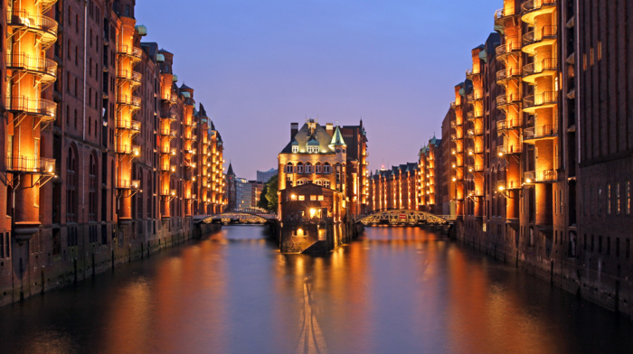Hamburg, lights, cityscape, bridge, building, water, river, Germany, city, dusk, architecture