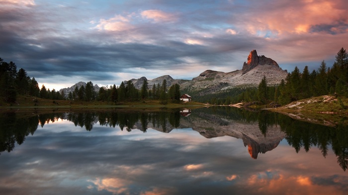 nature, clouds, water, summer, reflection, mountain, sunset, landscape, lake, cabin, forest