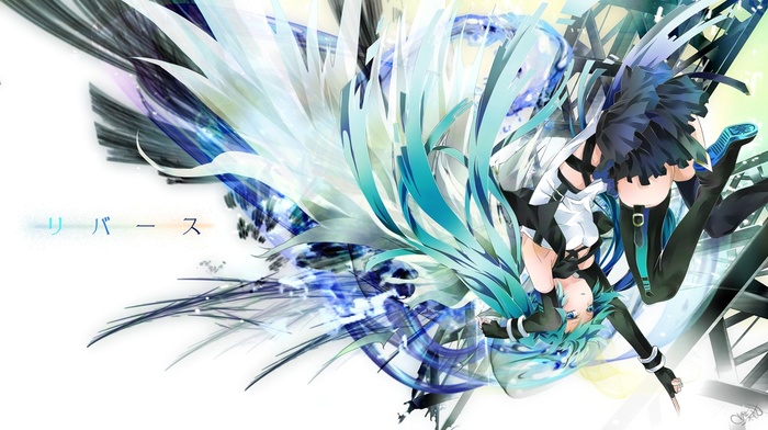 anime girls, Vocaloid, artwork, long hair, Hatsune Miku, simple background, wings, twintails, anime