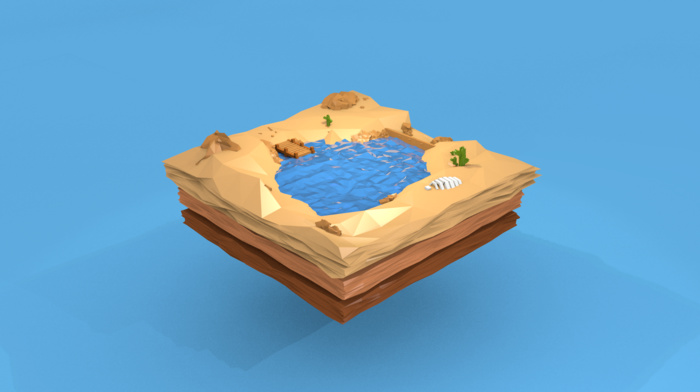 skeleton, floating island, oasis, water, stones
