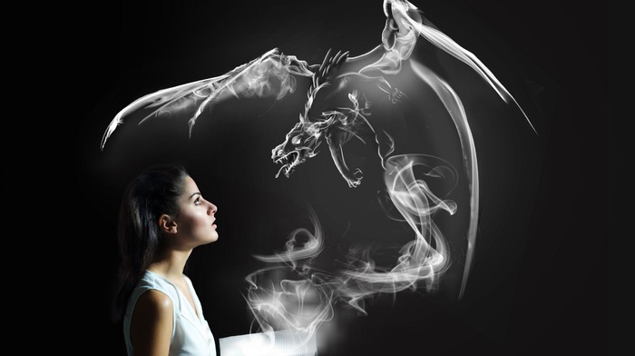 girl, dragon, smoke, fantasy art
