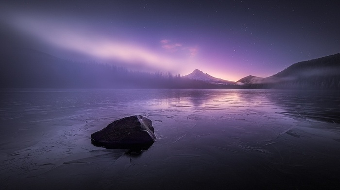 sunset, mist, lake, landscape, starry night, forest, winter, mountain, nature, frost