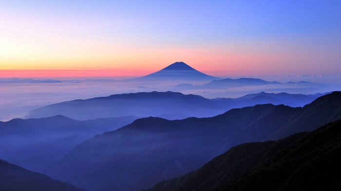 Japan, mist, landscape, blue, nature, sunrise, mountain