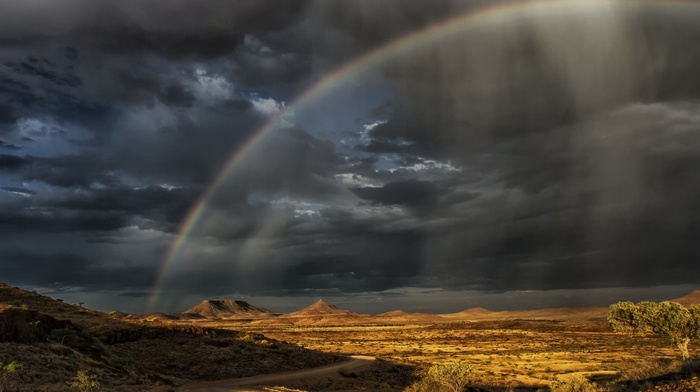 nature, hill, rainbows, Namibia, landscape, road, steppe, clouds, sunset