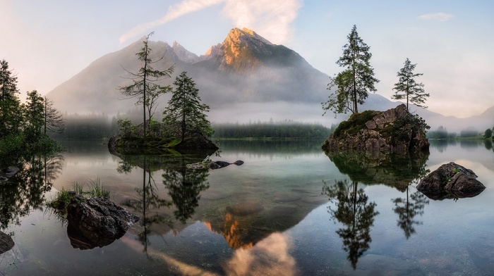 mountain, water, lake, nature, trees, forest, reflection, sunrise, landscape, mist